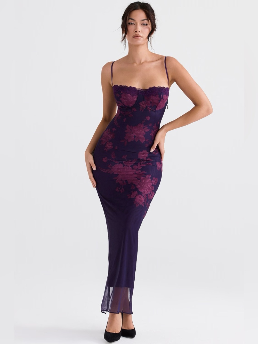 House of CB Aiza Grape Floral Print Maxi Dress | XS (plus cup)